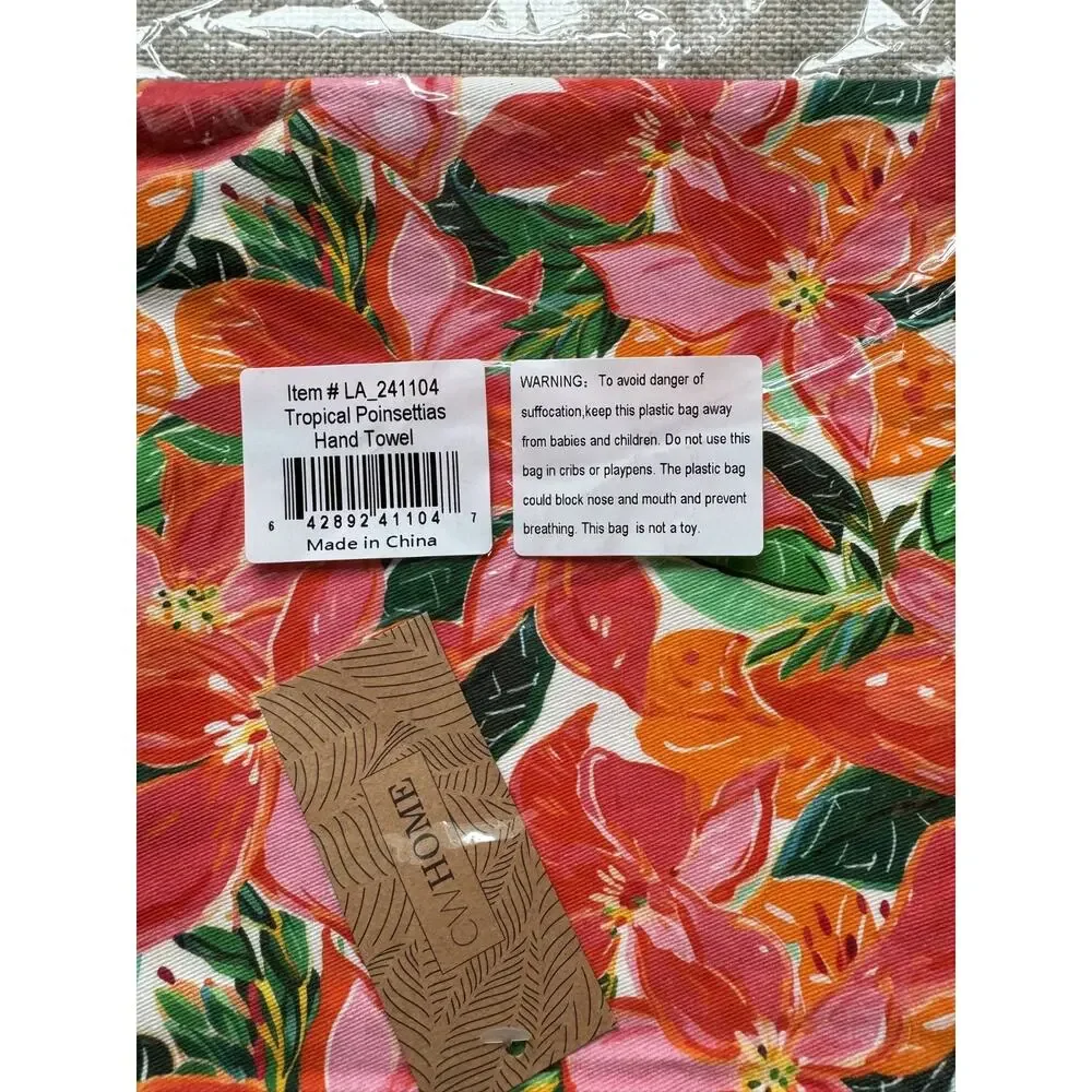 CW Home Tropical Poinsettia Kitchen Towels Qty 2 Cotton Floral Pink Orange NWT